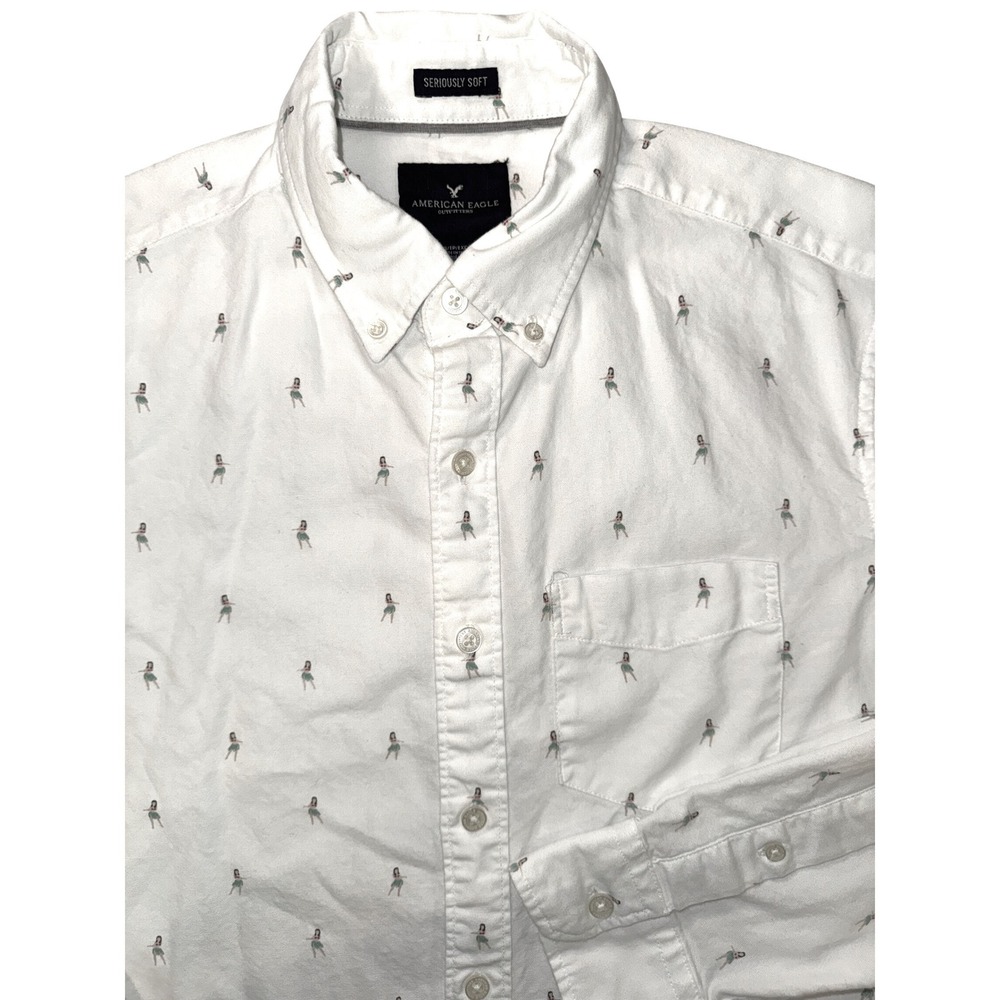 American Eagle Mens‎ XS White Hula Girl Print Seriously Soft Button Down Shirt